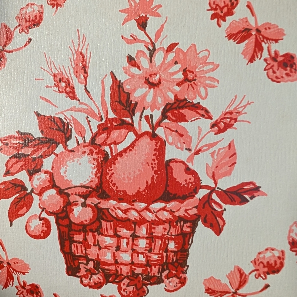 Vintage Antique French Country Floral and Fruit Basket Art Red & Pink Wallpaper